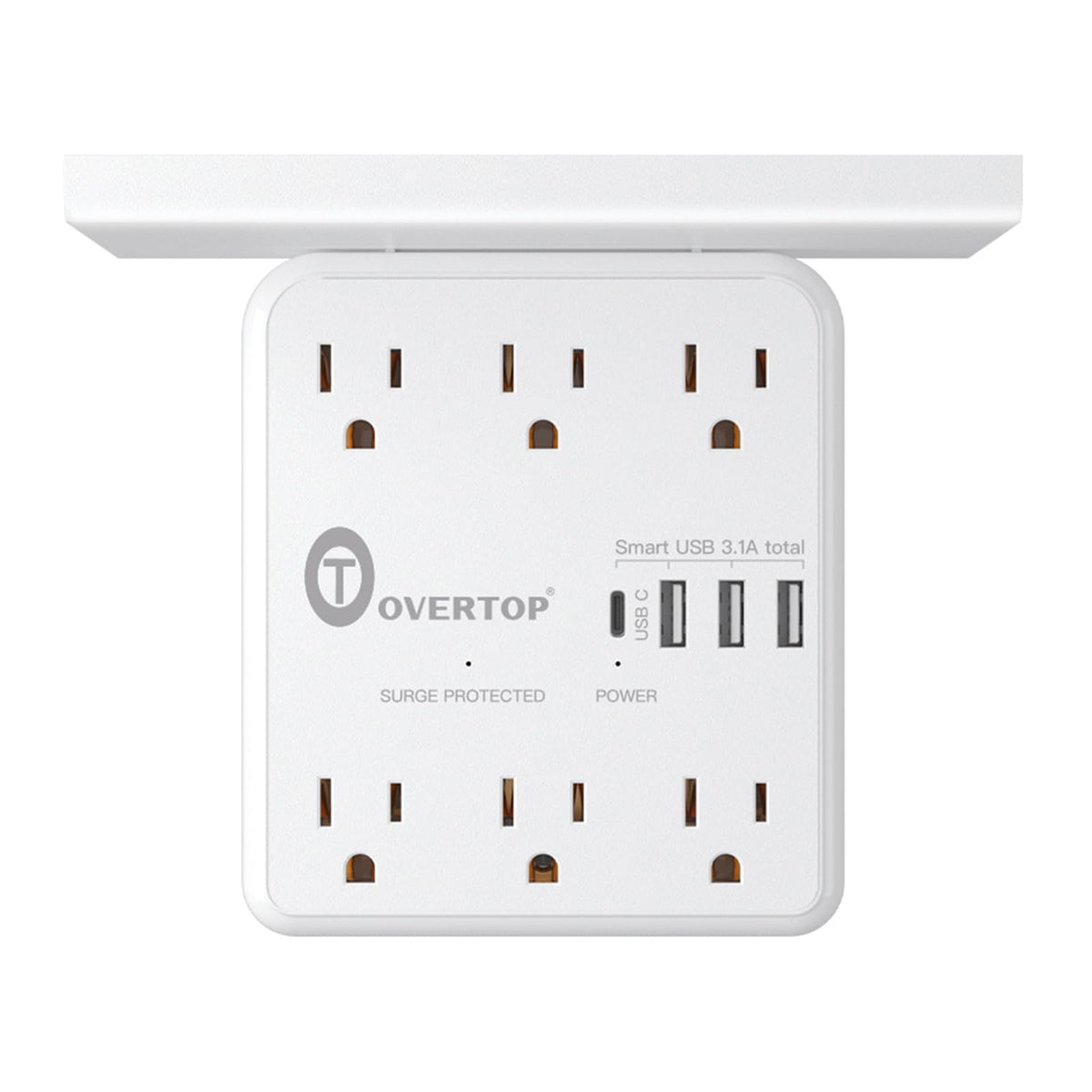 Overtop power charger shelf front view showing six outlets for organized charging.