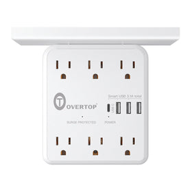 Overtop power charger shelf front view showing six outlets for organized charging.