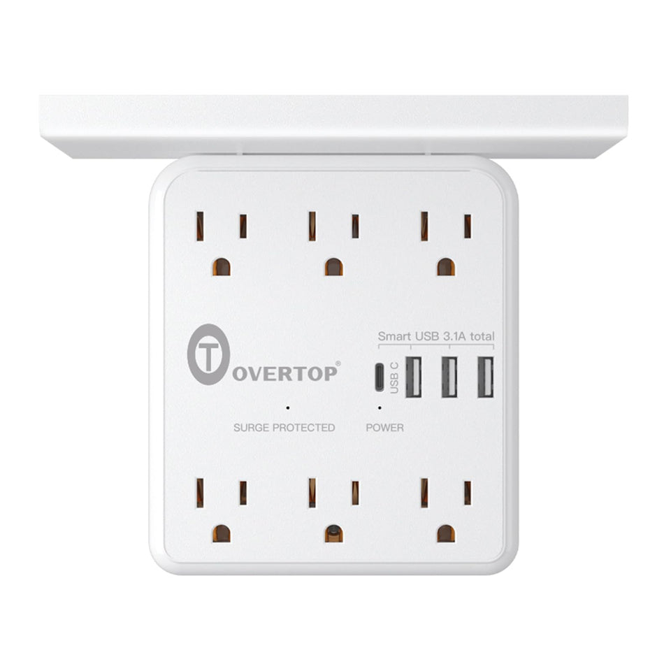 Overtop power charger shelf front view showing six outlets for organized charging.