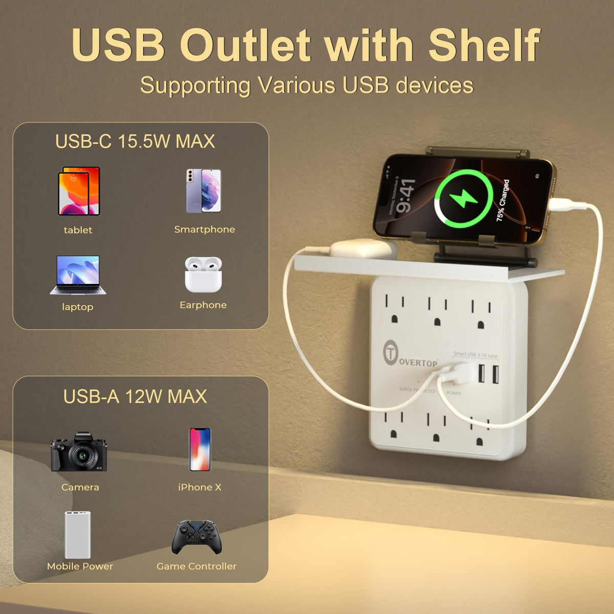 Overtop USB-C port provides up to 3A fast charging.