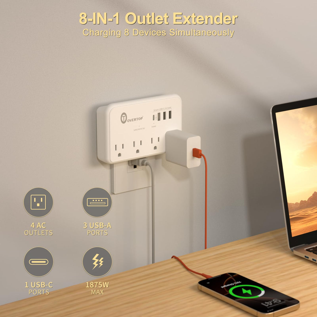 Overtop USB C port provides fast charging for compatible devices