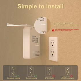 Overtop wall outlet extender installed on a standard duplex outlet in a room.