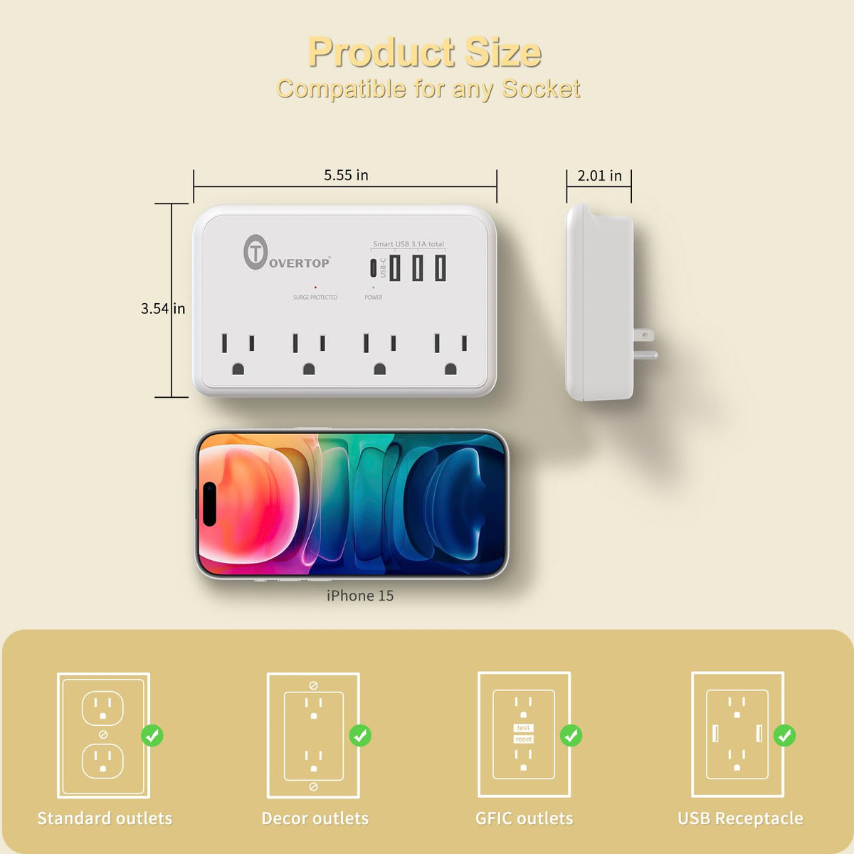 Overtop widely spaced outlets enabling multiple devices to charge simultaneously