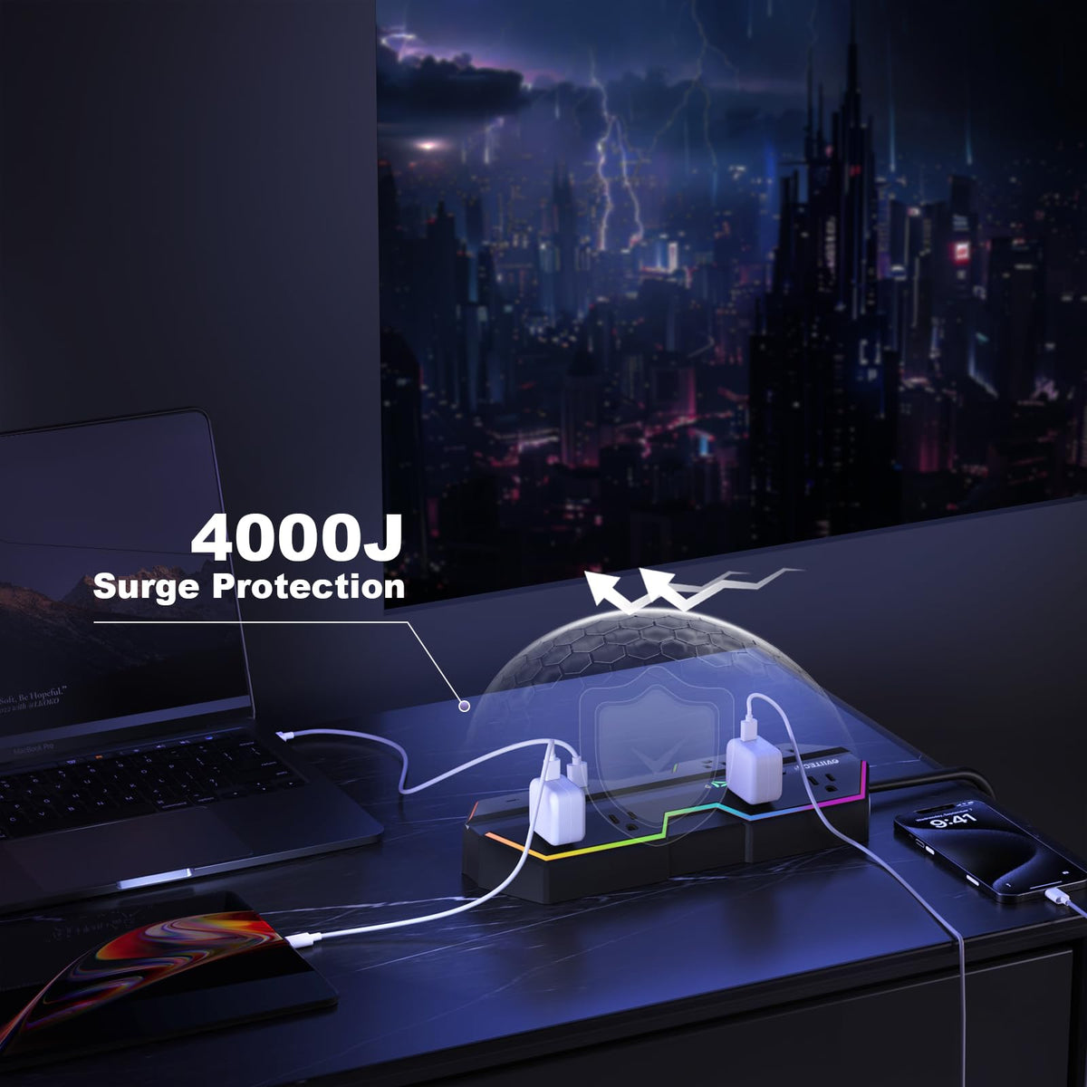oviitech power strip powering gaming PC and peripherals for tidy cable management