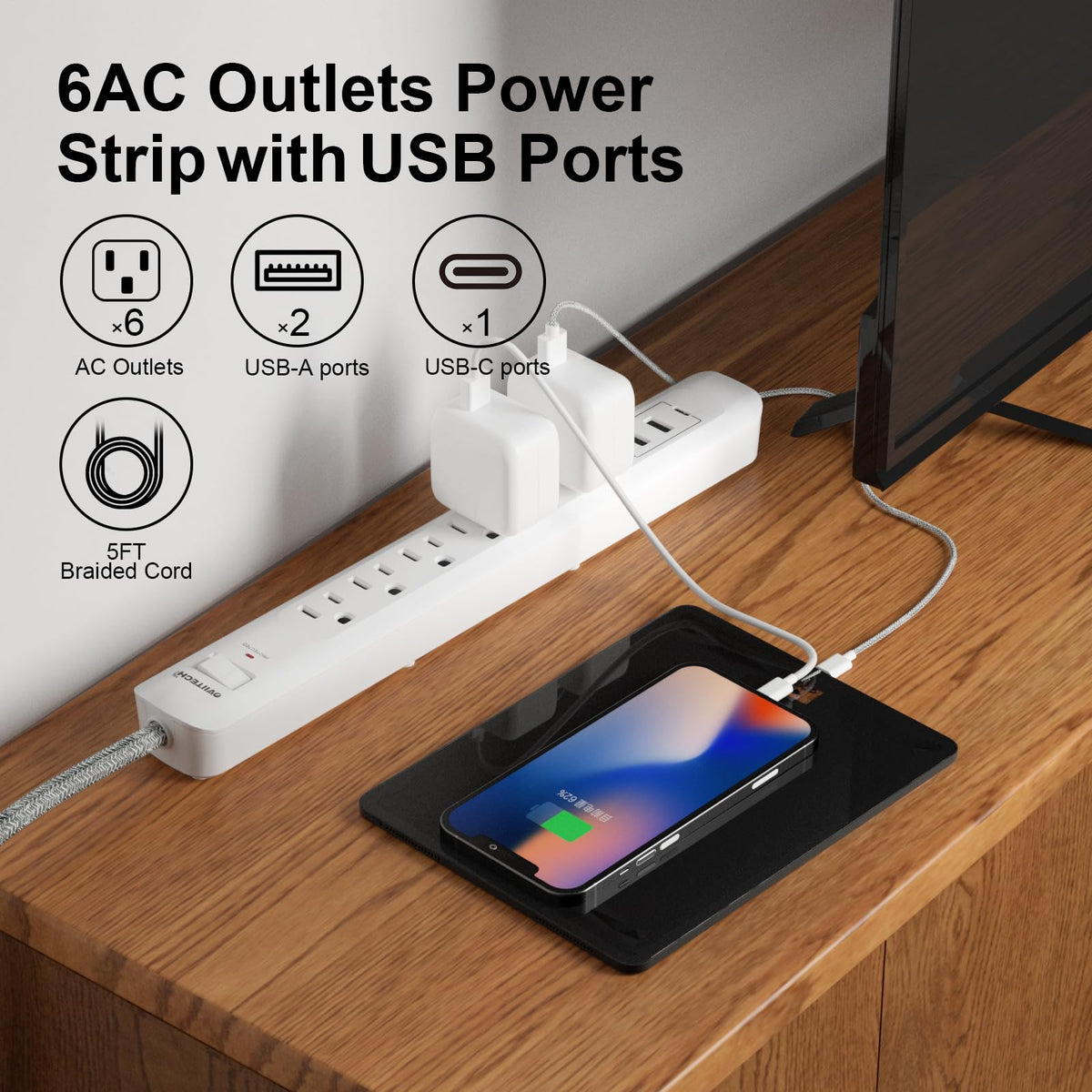 oviitech power strip flat plug design fits tight spaces behind furniture