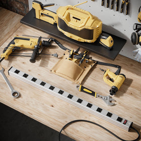 oviitech power strip next to tools showing size and robust build for studios