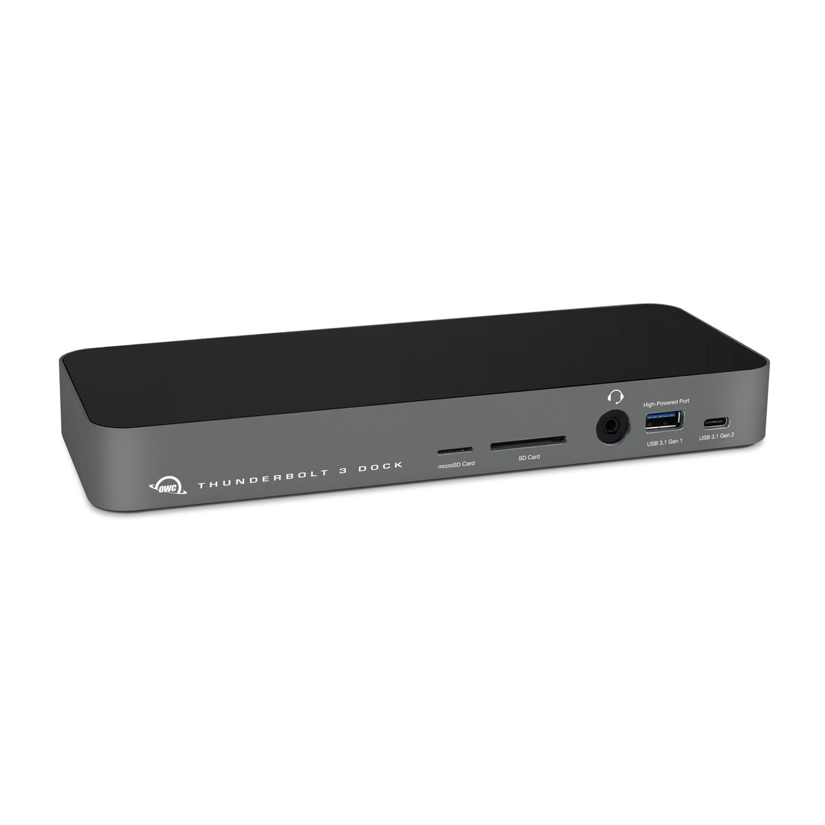 OWC 14-Port Thunderbolt Dock front view showing clean design and power delivery for laptops