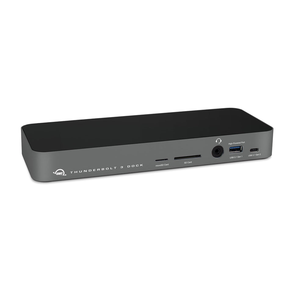 OWC 14-Port Thunderbolt Dock front view showing clean design and power delivery for laptops