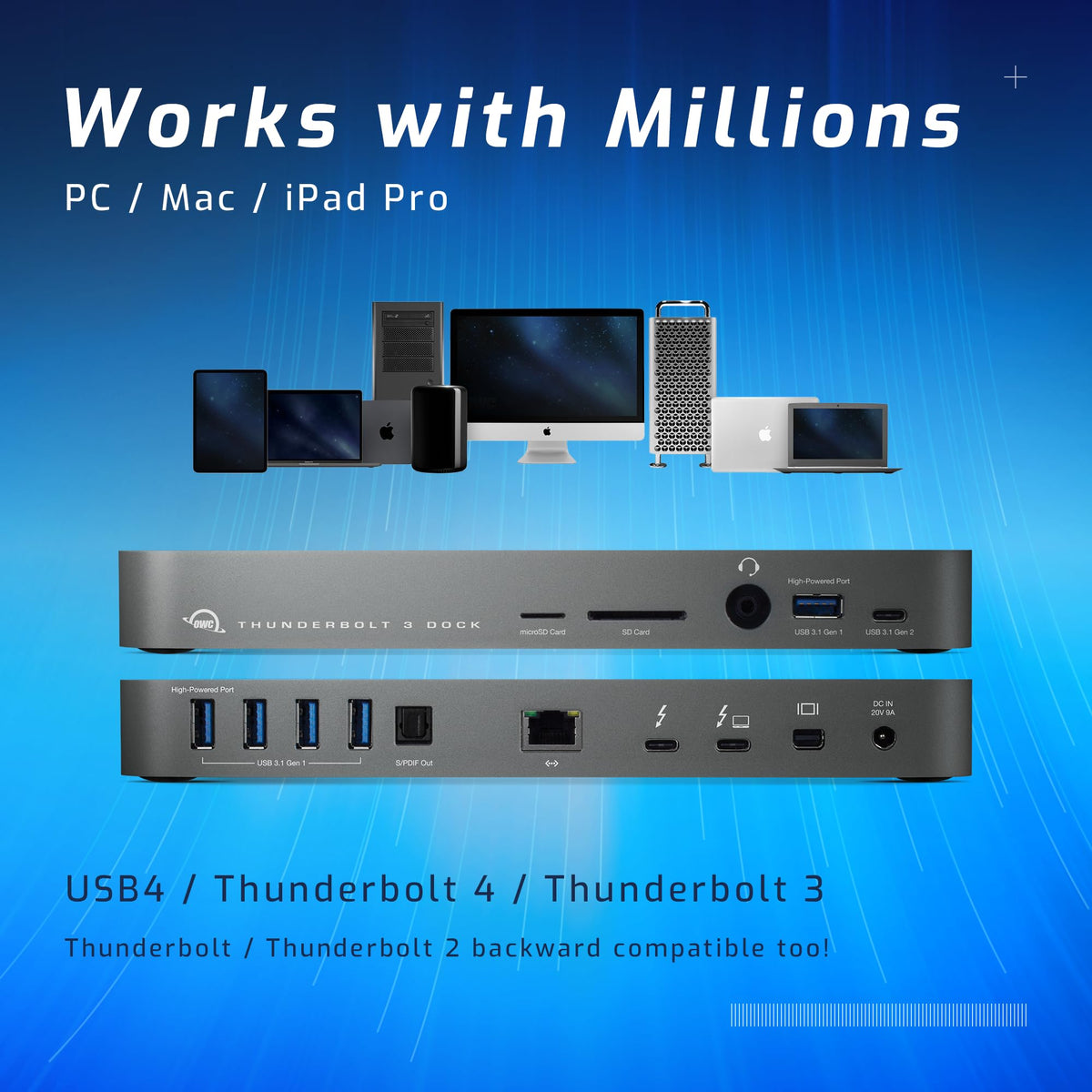 OWC 14-Port Thunderbolt Dock port array with USB-C and USB-A ports for accessories