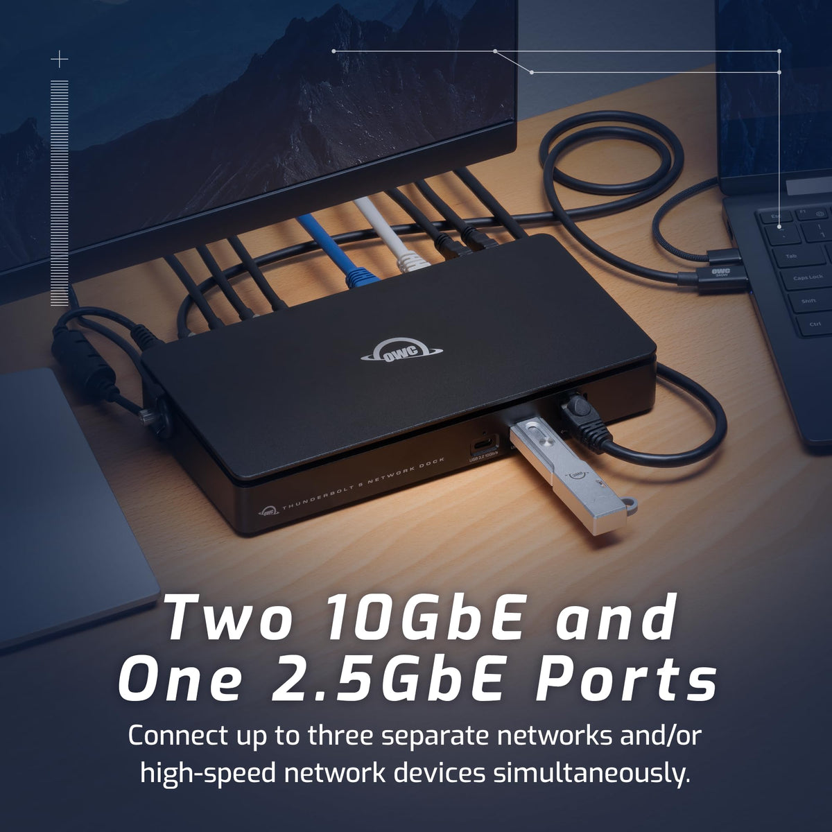 OWC Thunderbolt 5 Dock front 2.5GbE ports for quick, flexible network access on busy desks.