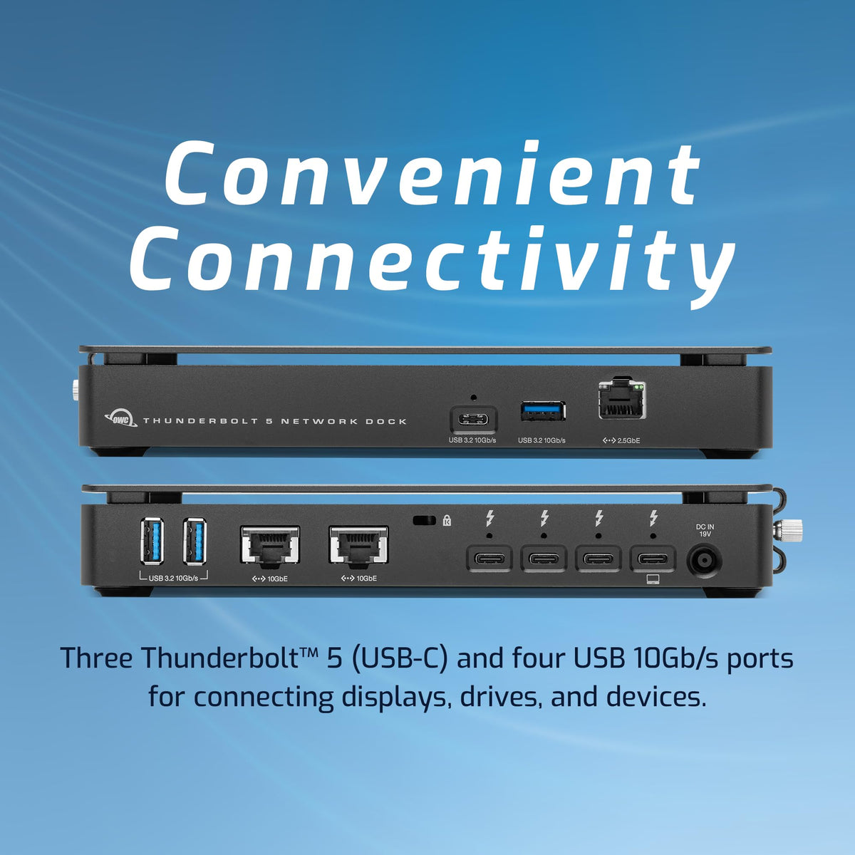 OWC USB-C port on the dock provides power and data to USB-C devices.