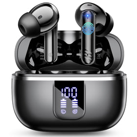 OWMSIC wireless earbuds front view with LED display showing battery status