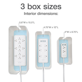 Oxford large box with lid organizes long cords behind a monitor setup.