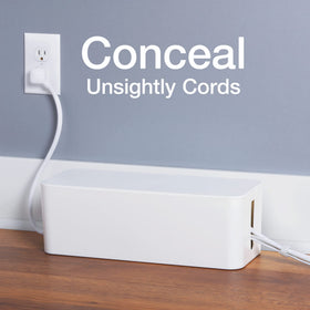 Oxford medium box with lid hides mid-size cables in a streamlined entertainment center.