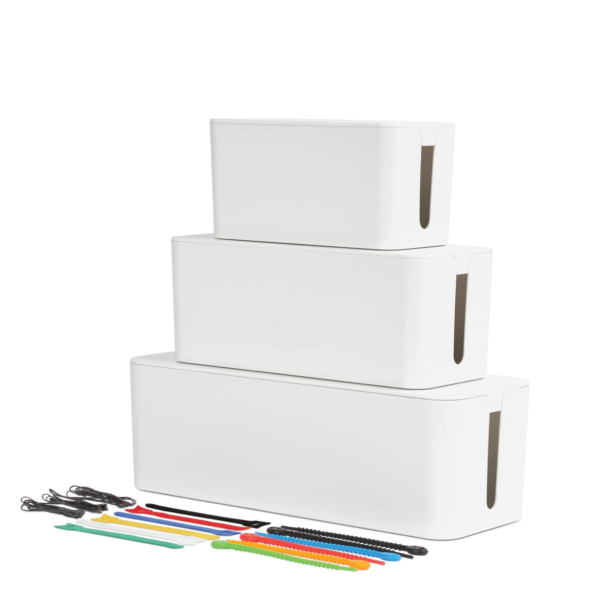 Oxford cable management boxes with lids keep chargers tucked away for a tidy space.