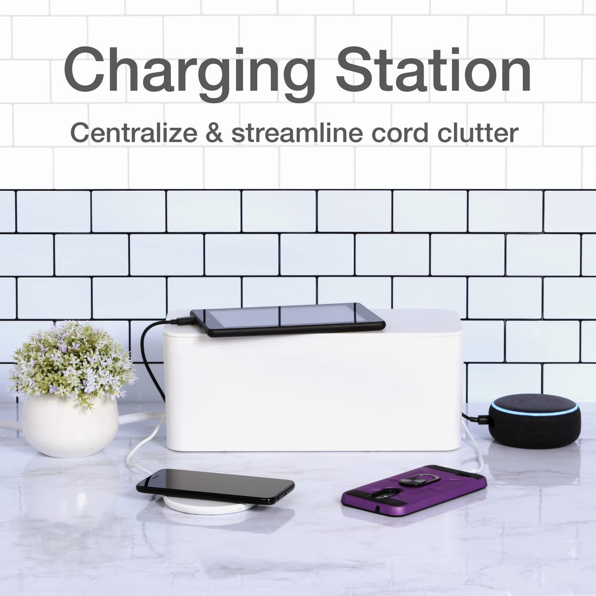 Oxford power strip organizer reduces desk clutter and keeps cords orderly.