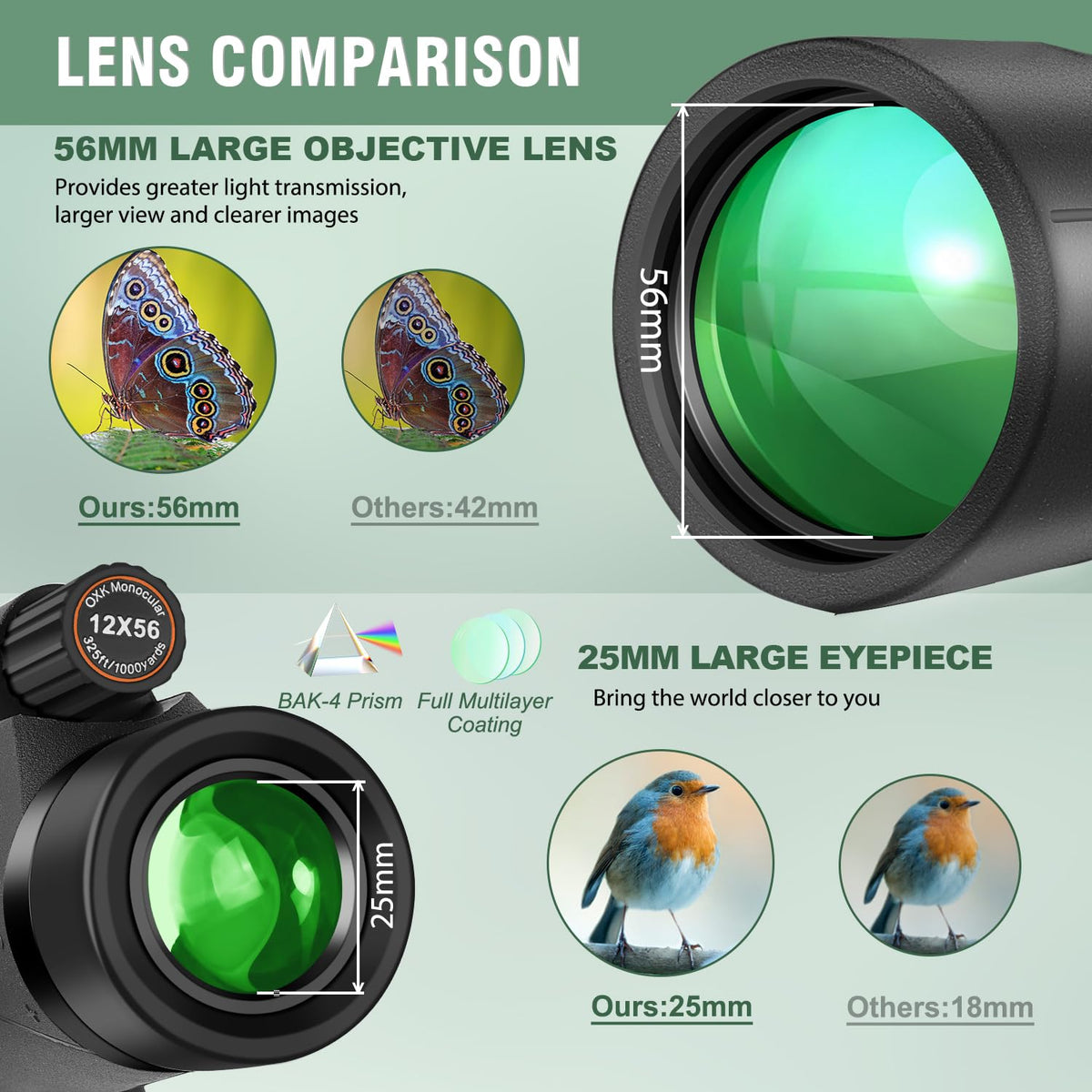 OXK Optics large eyepieces and 56mm lens boost brightness.