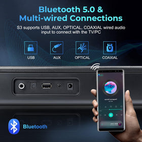 OXS S3 wired inputs optical, coaxial, and AUX for versatile TV connections