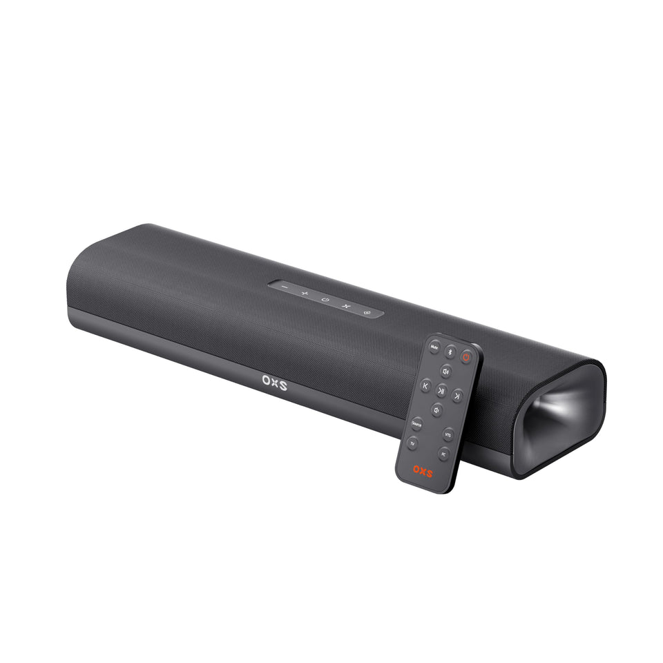 OXS Thunder Lite front view, compact PC soundbar enhances desk setup