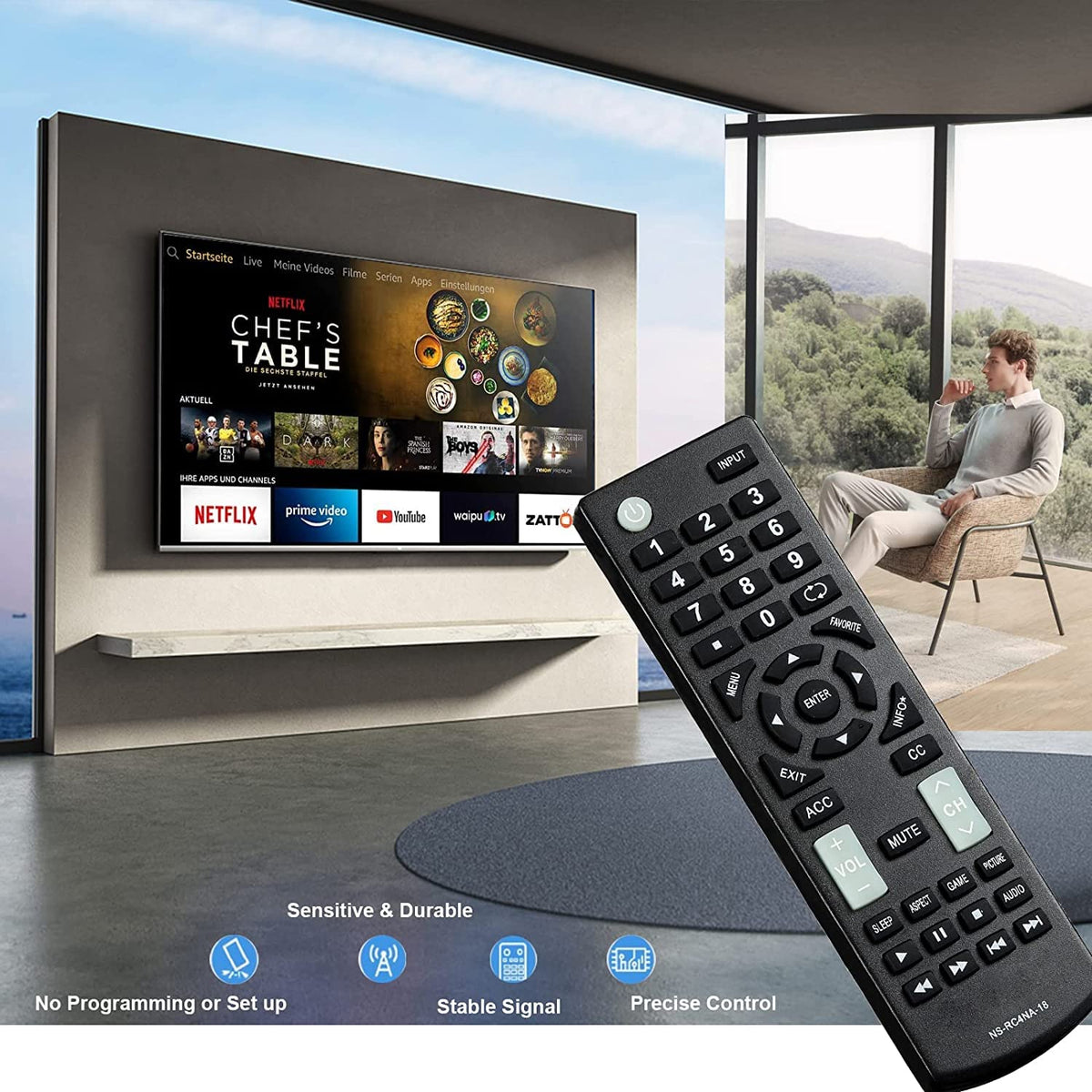 Oxumii universal remote back view highlights clear button layout for fast operation.