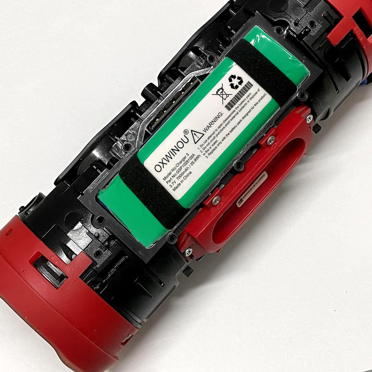 OXWINOU battery installed in speaker demonstrating restored power and runtime