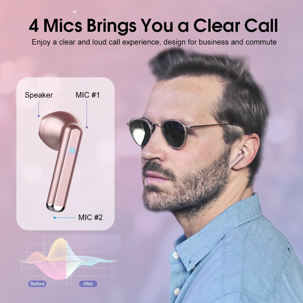 OYIB earbuds in rose-gold with LED display showing battery status.