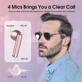OYIB earbuds in rose-gold with LED display showing battery status.