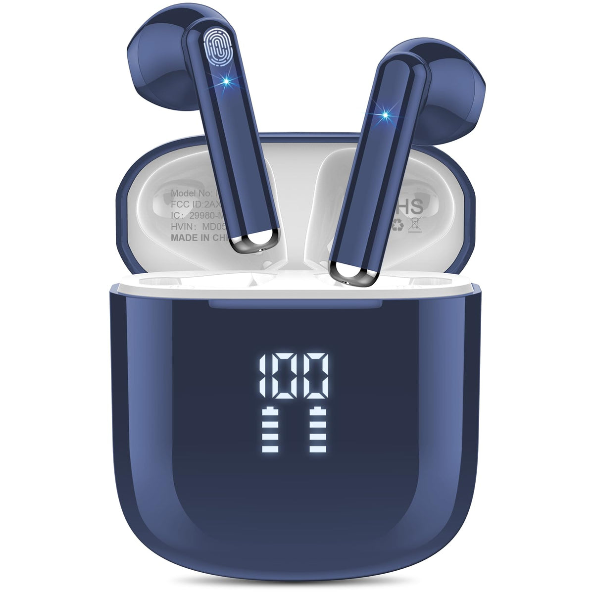 OYIB wireless earbuds in deep blue with charging case for on-the-go listening.
