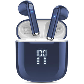 OYIB wireless earbuds in deep blue with charging case for on-the-go listening.