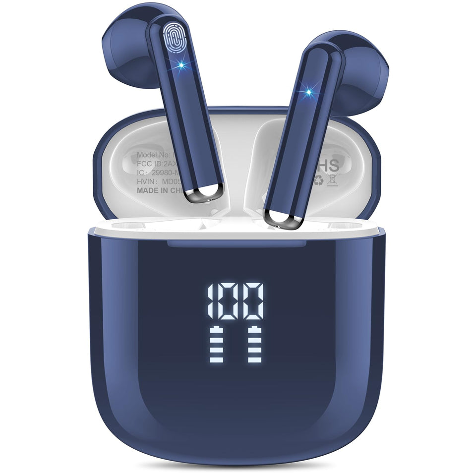 OYIB wireless earbuds in deep blue with charging case for on-the-go listening.