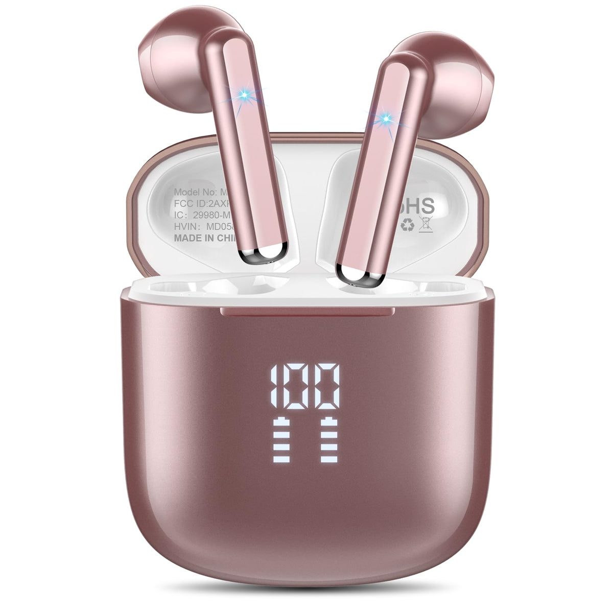 OYIB wireless earbuds with rose-gold case for portable charging on the go.