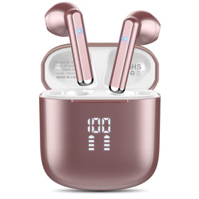 OYIB wireless earbuds with rose-gold case for portable charging on the go.