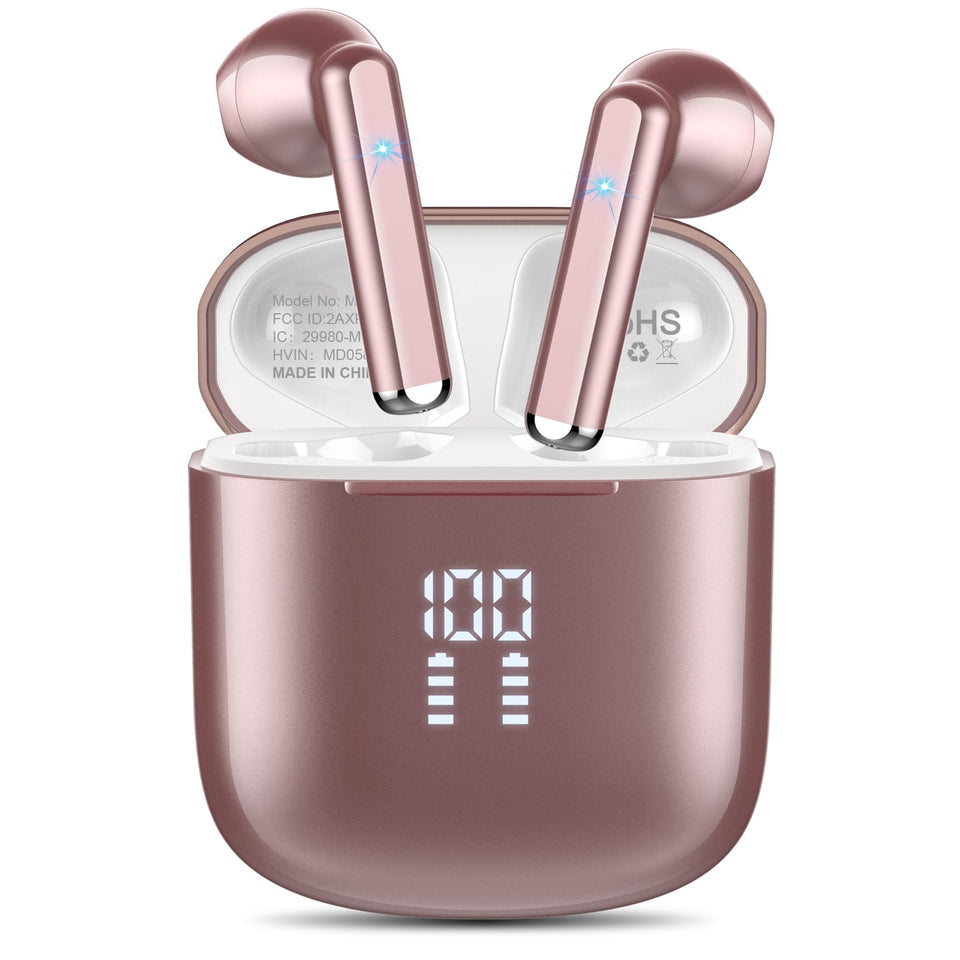 OYIB wireless earbuds with rose-gold case for portable charging on the go.