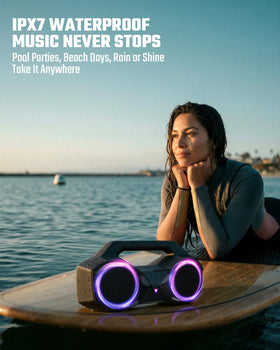 OZJ speaker at pool edge demonstrating IPX7 waterproof protection