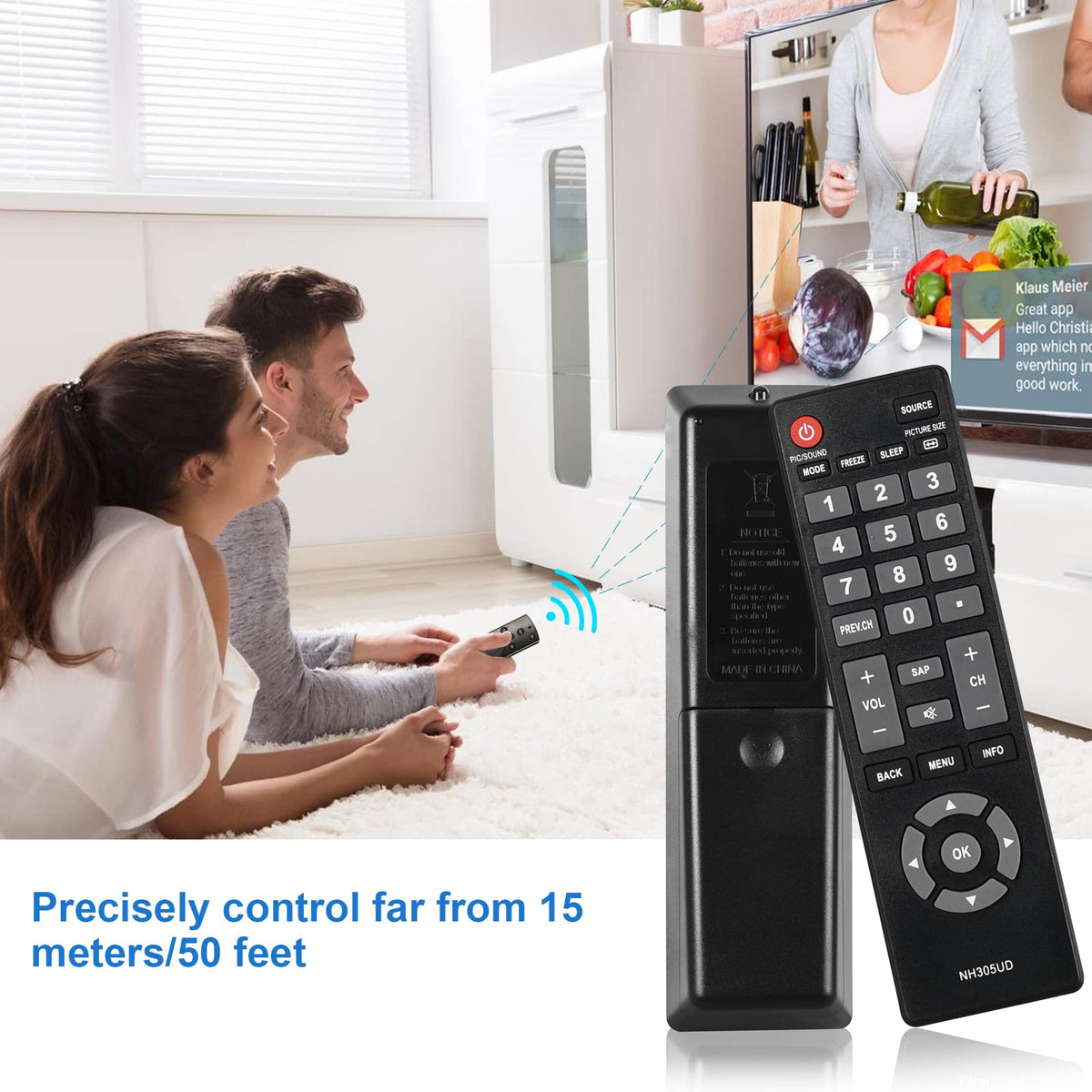 Remote on living room TV showing broad Emerson compatibility
