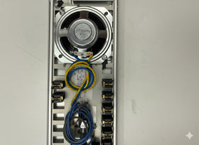 Pacific Electronics VSO lobby speaker microphone-grille close-up highlights Mylar diaphragm durability