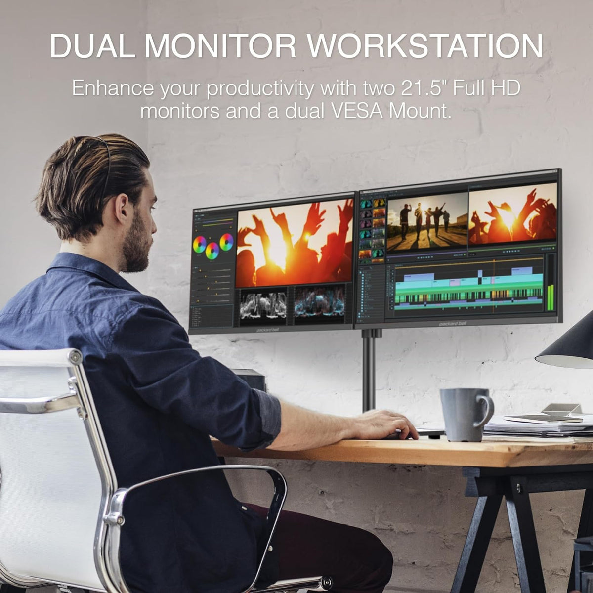 Slim bezels create a clean, focused dual-display desk presence.