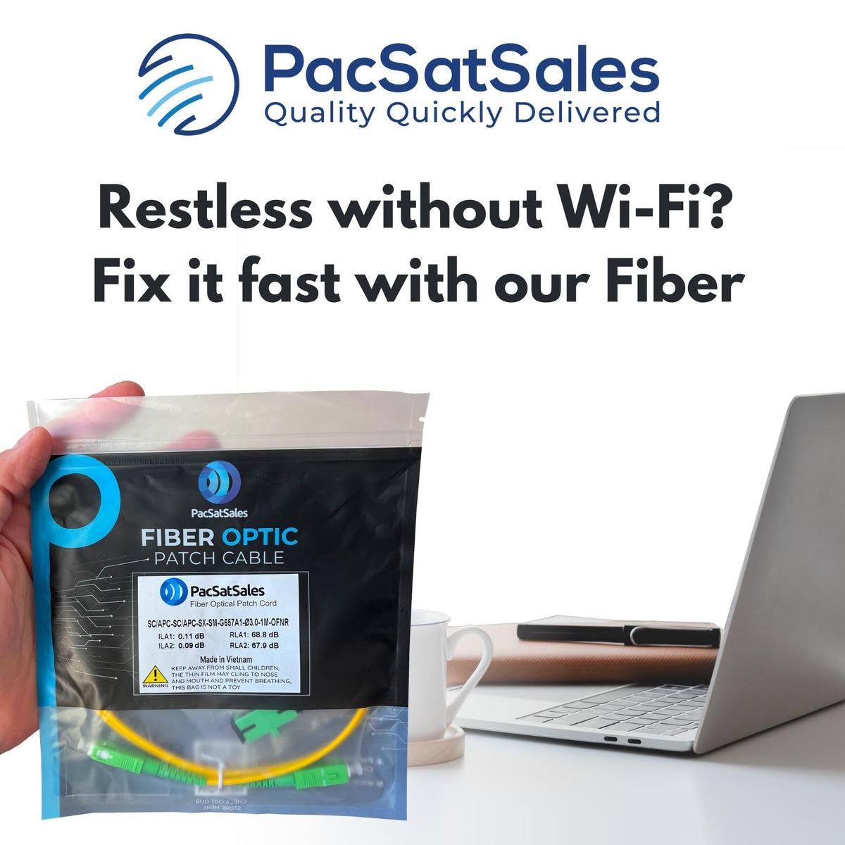 PacSatSales easy-install press-and-click setup on a wall port.