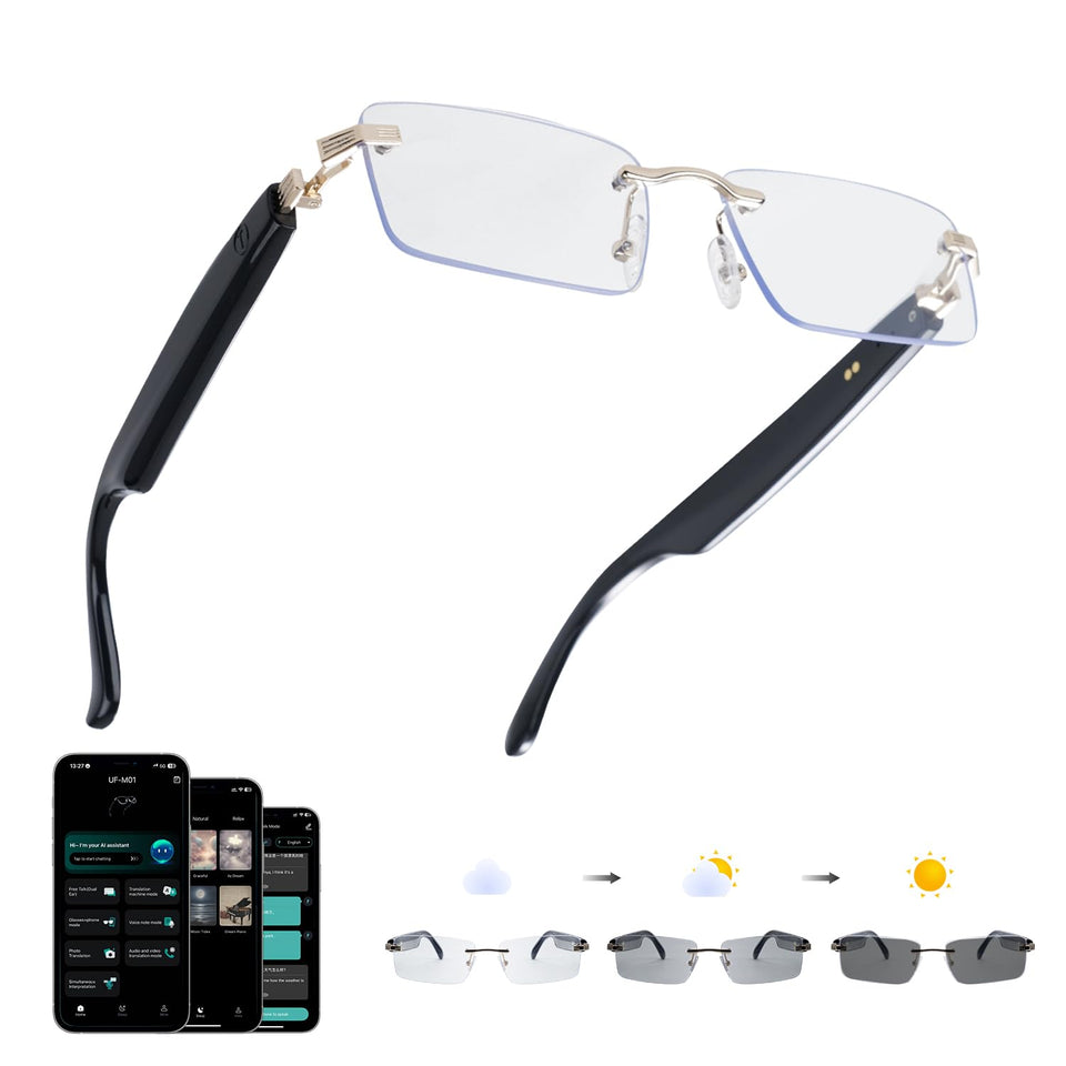padom front view gold rimless glasses showing sleek design and translator benefits