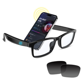 Padom Smart Glasses with interchangeable lenses for indoor blue light protection and outdoor glare reduction.