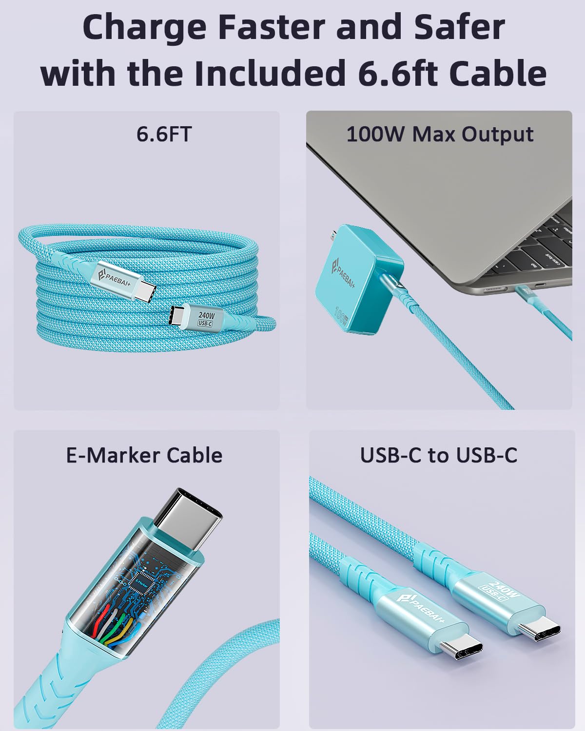 PAEBAI+ packaging includes wall charger, manual, and long cable.