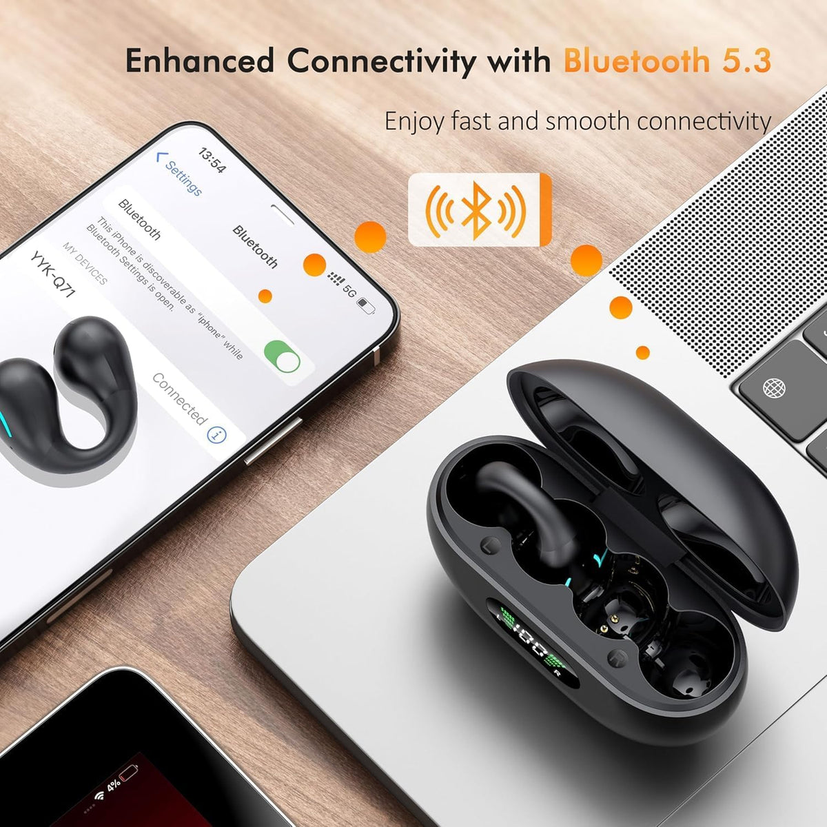Charging case with smart LED display shows battery levels clearly.