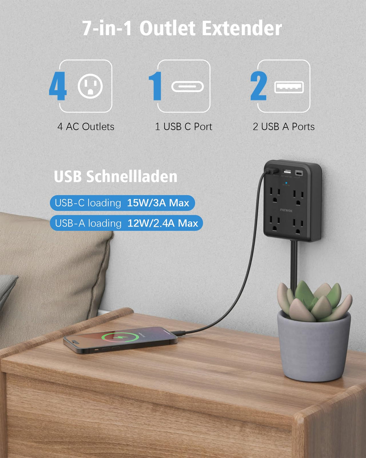 PAEWOK 6-foot flat cord extended for flexible placement away from furniture