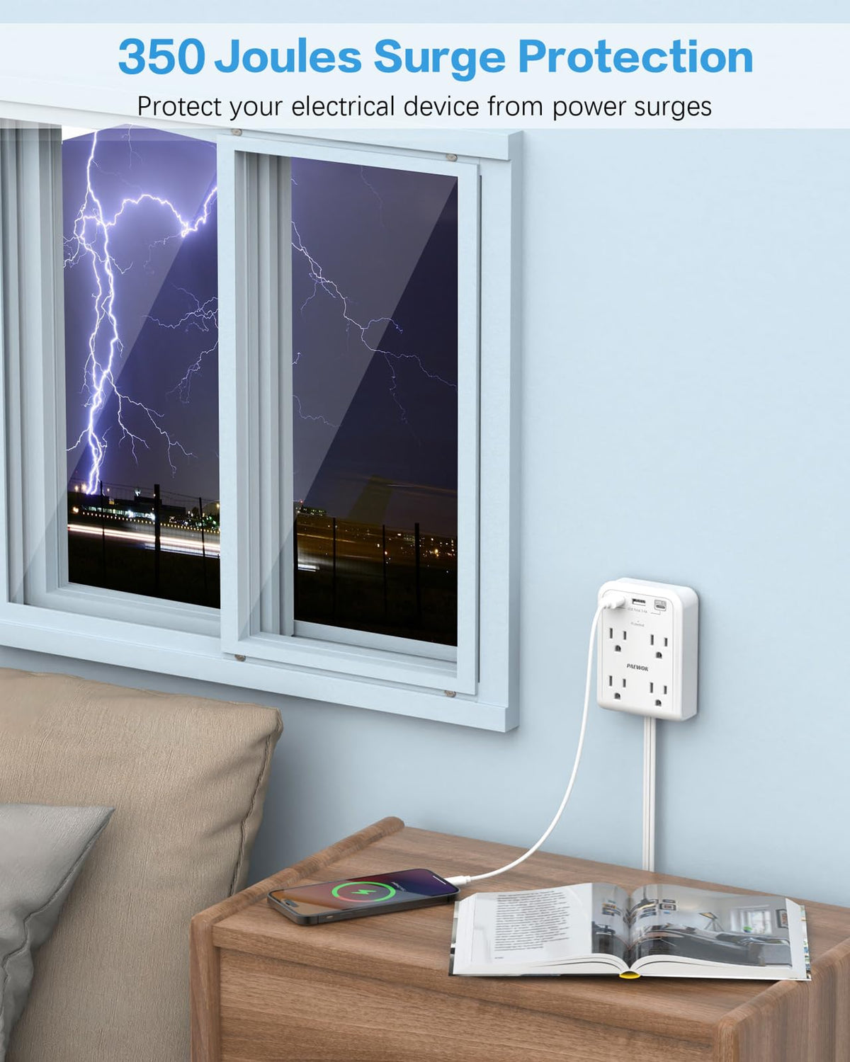 PAEWOK built-in surge protector guards devices against voltage spikes.