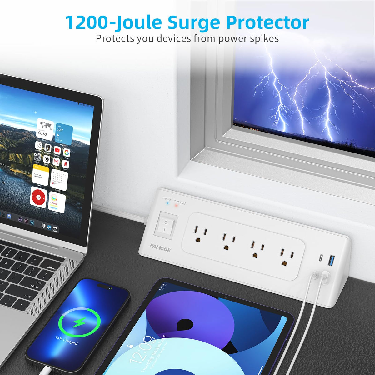 PAEWOK cord and surge protector label detail showing 1200J protection for electronics