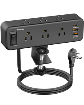 PAEWOK desk clamp six-outlet power strip with USB-C at the workstation