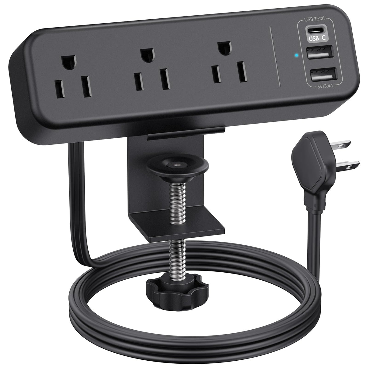 PAEWOK desk clamp power strip with three outlets and USB-C for tidy charging.