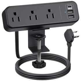 PAEWOK desk clamp power strip with three outlets and USB-C for tidy charging.
