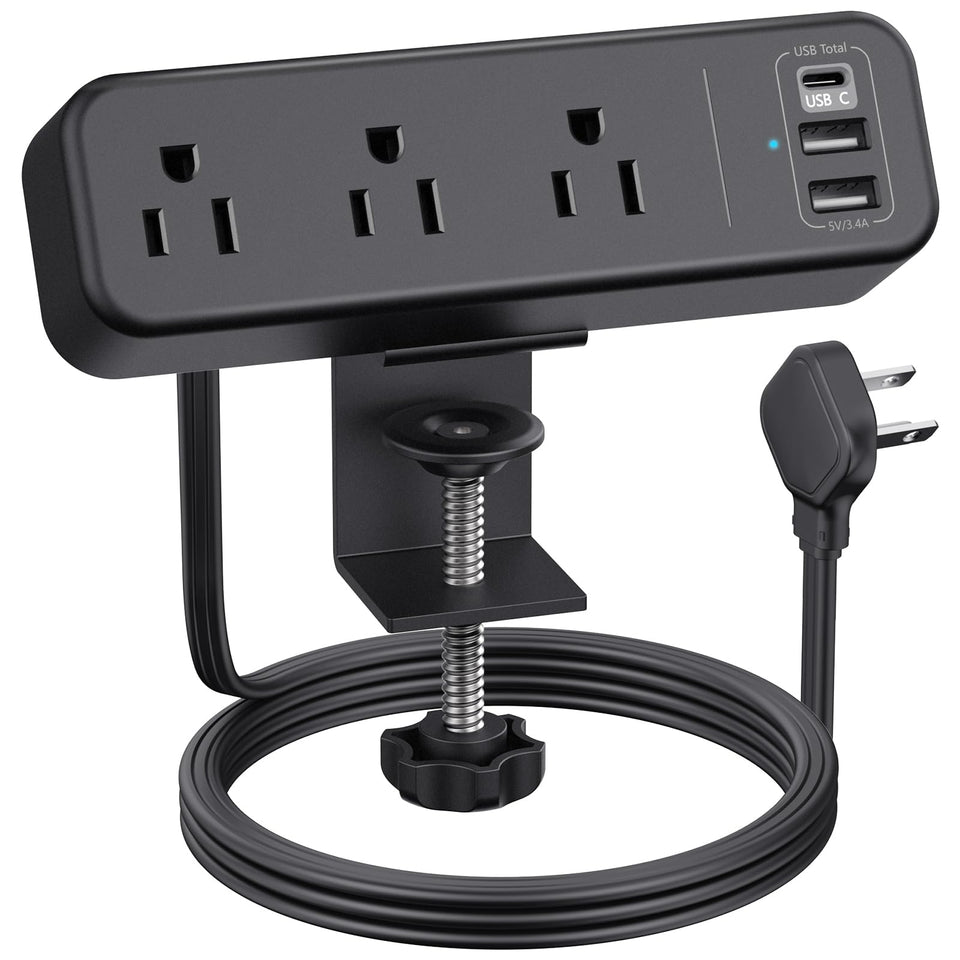 PAEWOK desk clamp power strip with three outlets and USB-C for tidy charging.