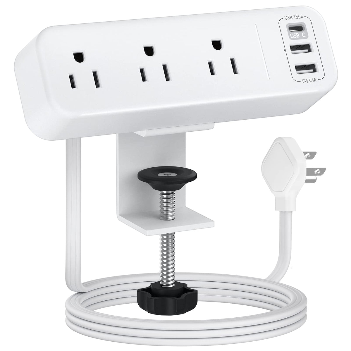 PAEWOK desk clamp power strip with three outlets and USB-C for organized charging.